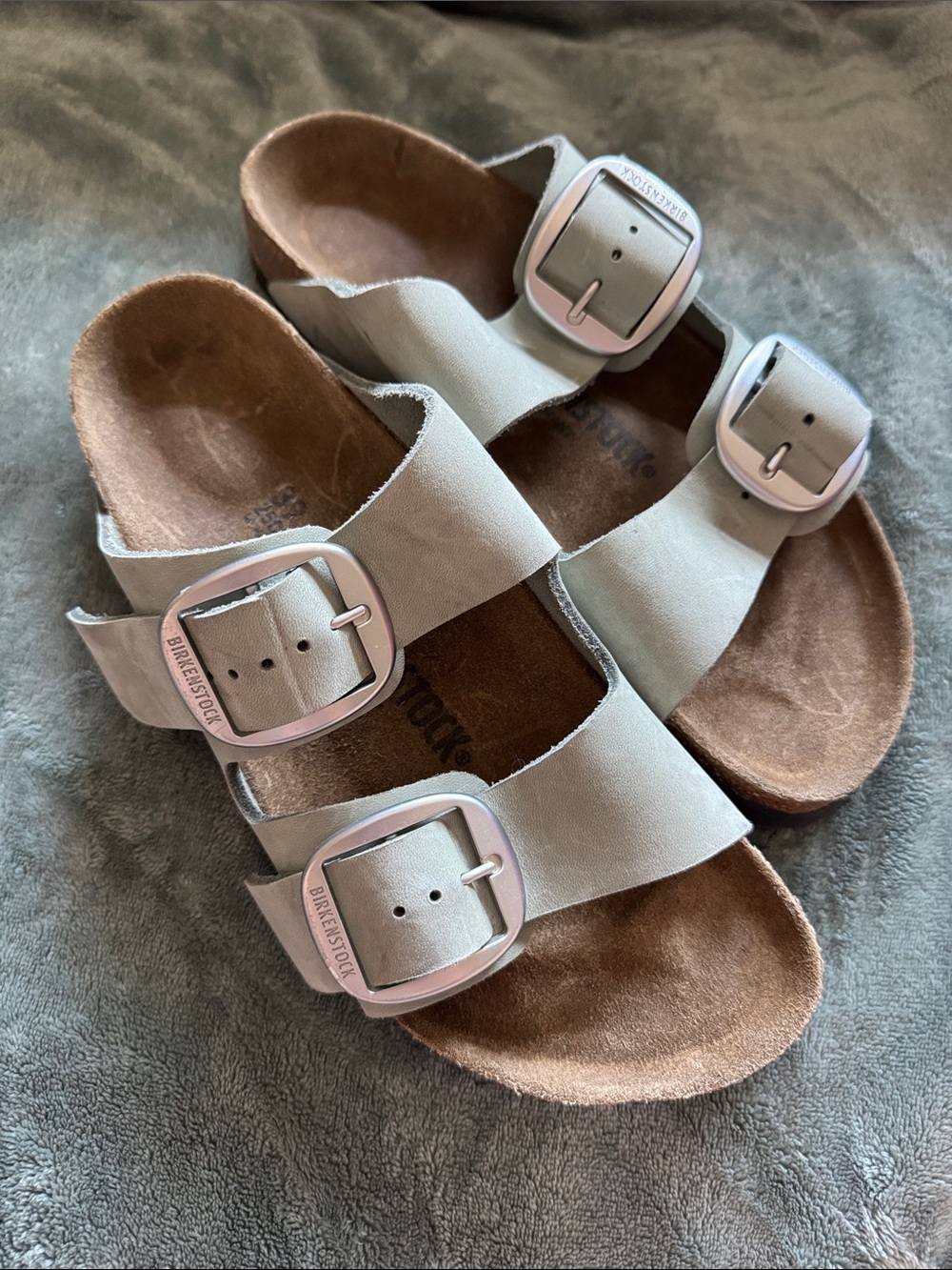 Birkenstock Light Gray/Green Big-Buckle Sandals
